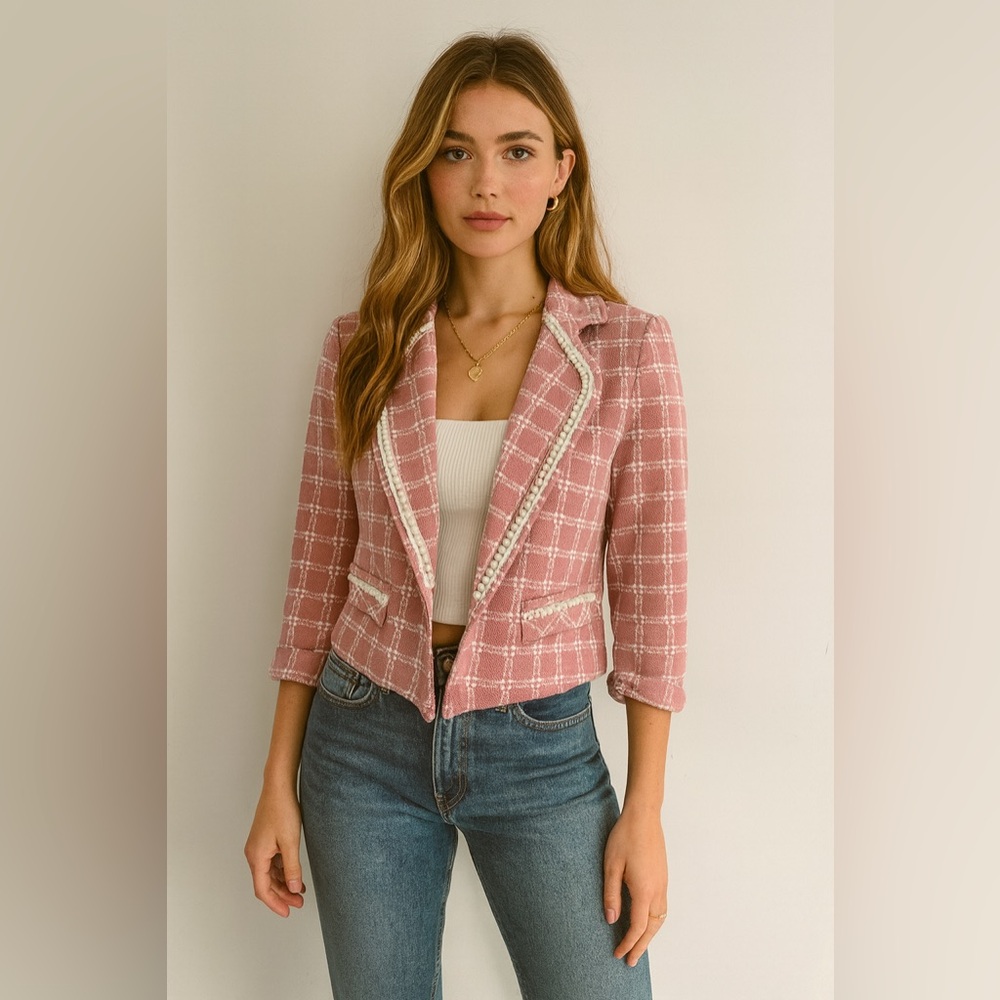 Maya Brooke Pink and White Blazer with Pearl Trim Size 12